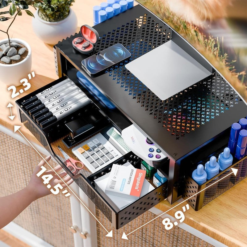 2-Tier Metal Monitor Stand with Drawer & Pen Holder for Desk Organization3