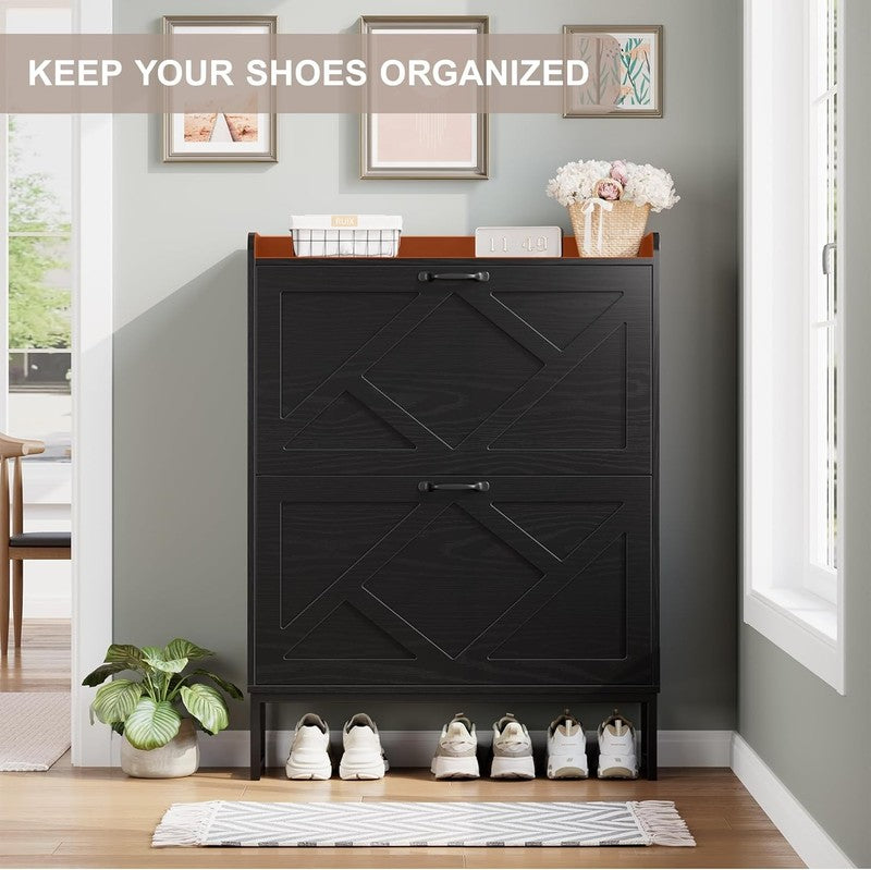 Shoe Cabinet 2 Flip Drawers Freestanding Slim Farmhouse Entryway Black5