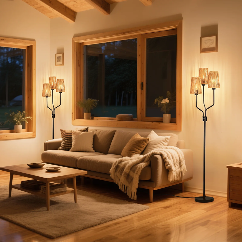Rattan Floor Lamp 3 Tier Dimmable Rustic Boho Lighting for Living Room Bedroom8