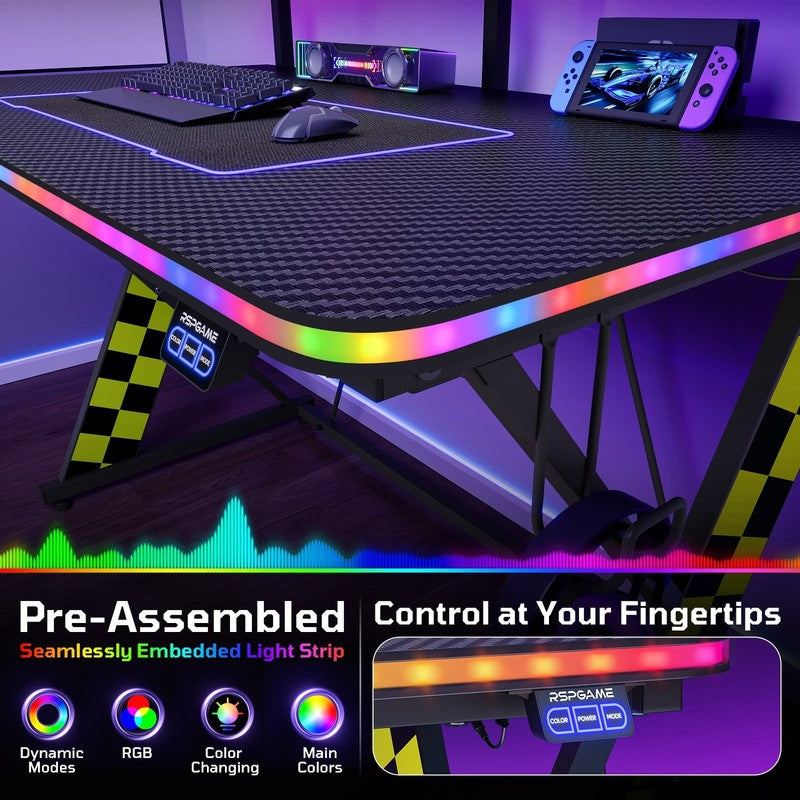 43" X-Shaped Gaming Desk Music Sync LED with Monitor Stand Yellow Racing5