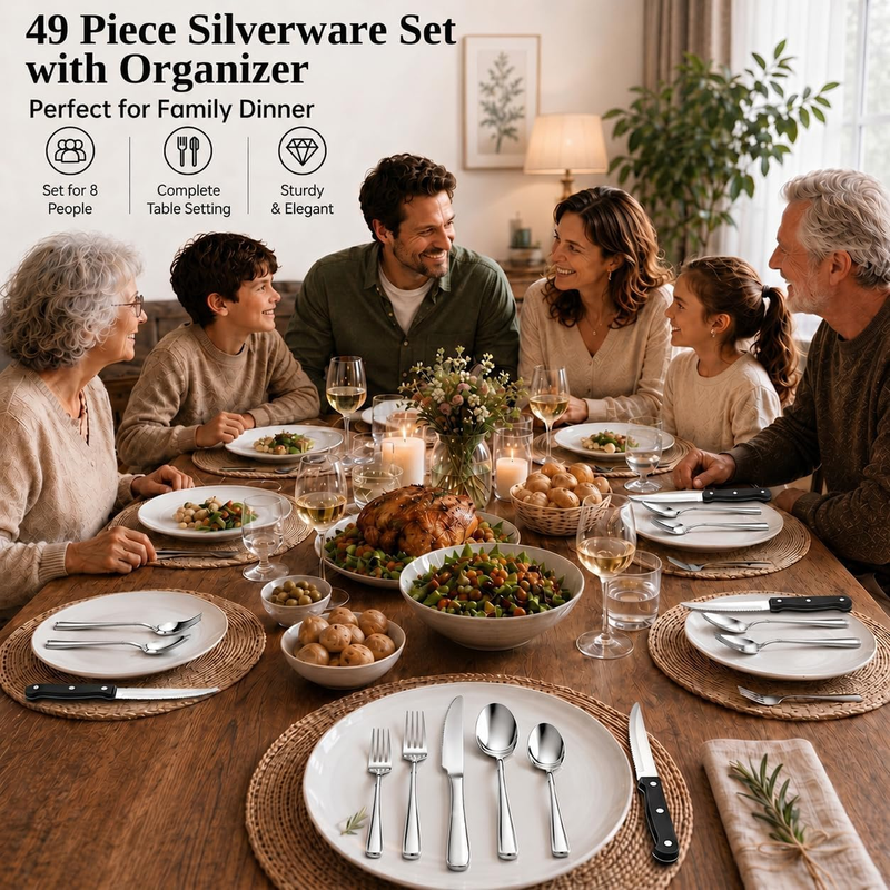 49Pc Stainless Steel Silverware Set for 8 w/ Organizer Steak Knives7