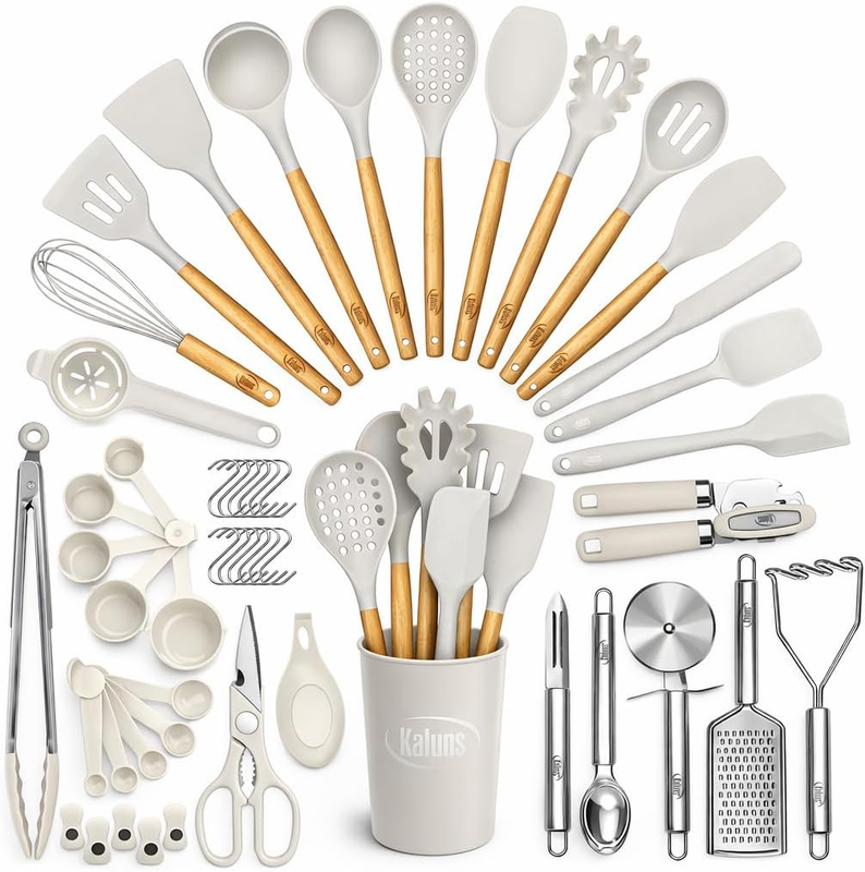 50PC Silicone Kitchen Utensil Set Heat Resistant Nonstick Wooden Handles11