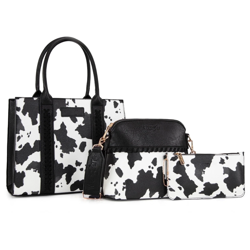 Wrangler 3Pc Handbag Set Tote Crossbody Purse Wallet Cow Print Black0