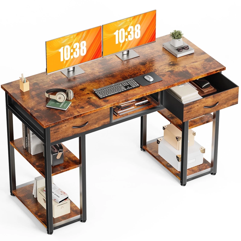 48" Small Desk w/ Fabric Drawers & Shelves Computer/Writing Desk Rust Brown10