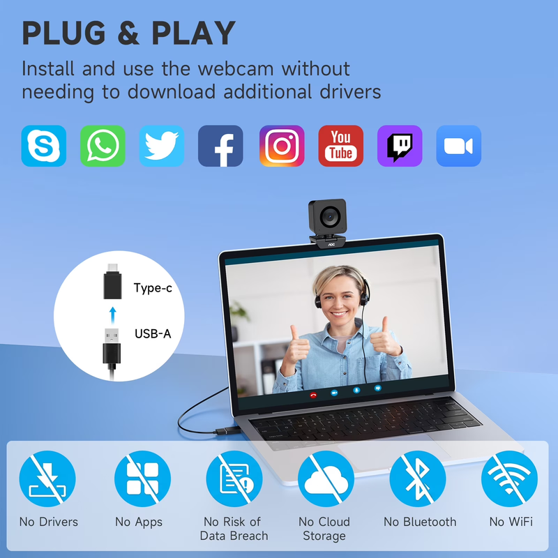 4K UHD Webcam USB Auto Focus Privacy Cover for PC Mac Laptop Zoom Teams3