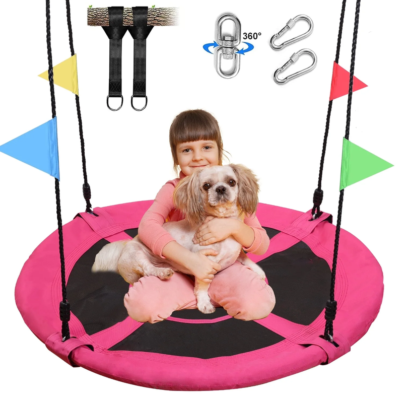 40" Saucer Tree Swing for Kids & Adults, Adjustable Rope Flying Seat, Pink0