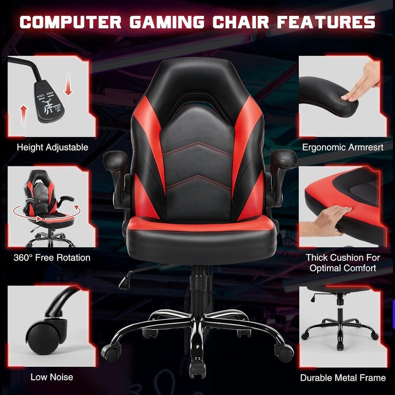 Ergonomic Gaming Chair with Flip-Up Armrests, Adjustable Height, Red PU Leather4