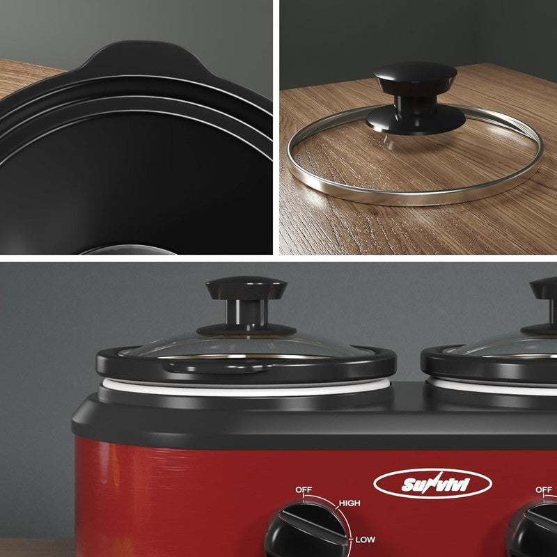 Double Slow Cooker 2×1.25QT Buffet Warmer Dual Pot Oval Red Stainless3