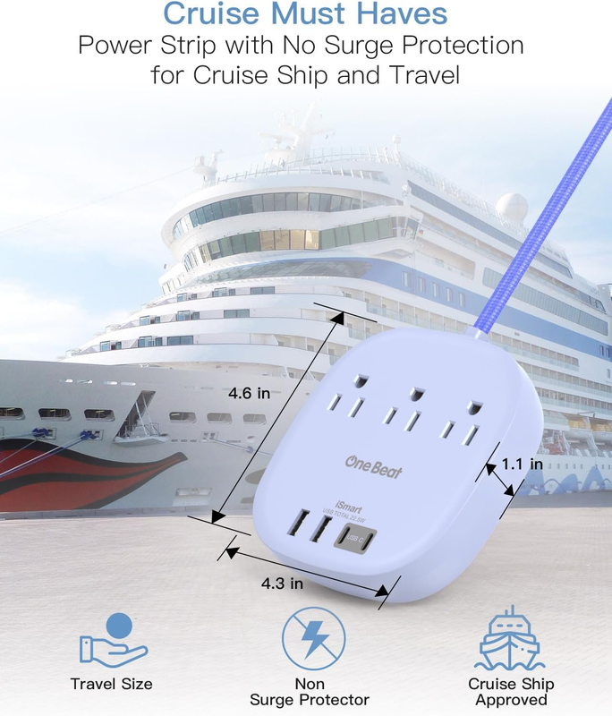 Cruise Approved Power Strip 3 Outlets 4 USB 2 USB C 6FT Purple3