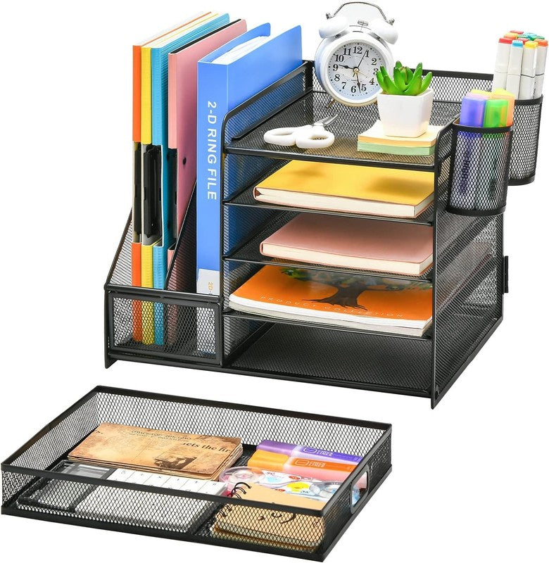 5-Tier Desk Organizer with Drawer & Pen Holders - Black Mesh Storage Solution1