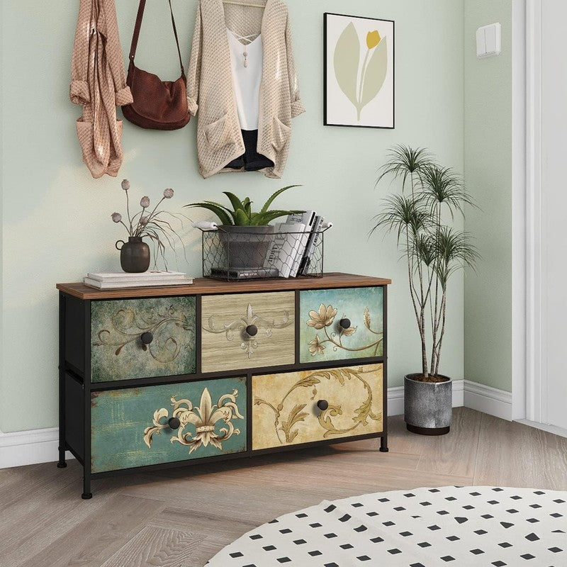 5 Drawer Fabric Dresser Retro Floral Chest Storage Organizer for Bedroom Closet1