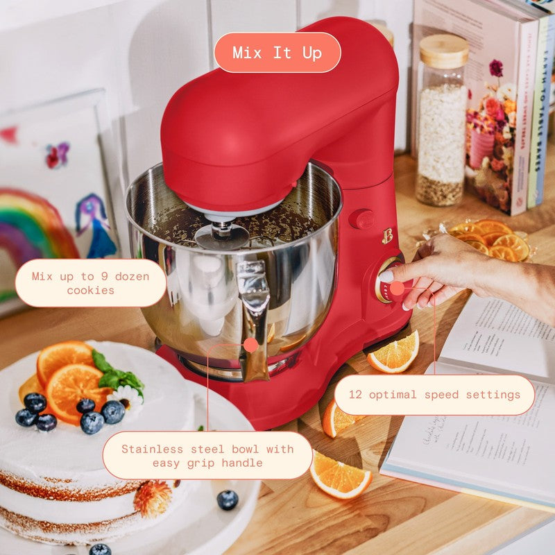 Beautiful 5.3 QT Stand Mixer w/ Flat Beater, Dough Hook by Drew Barrymore Red3