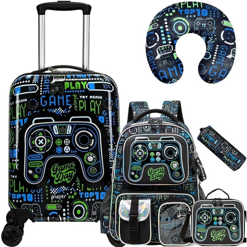 Kids Carry On Luggage Set Wheels Suitcase Backpack Pillow Boys Black Travel10