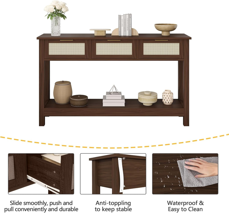 Walnut Console Table 3 Rattan Drawers Boho Entryway Storage Shelf 47" Long3