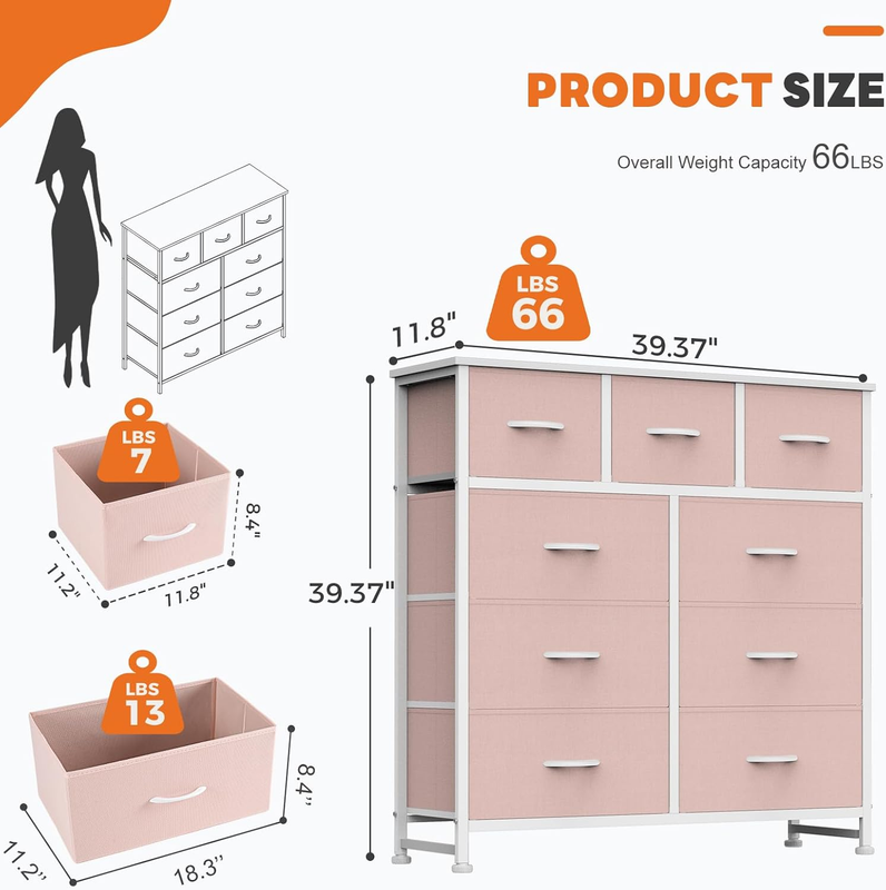 9 Drawer Fabric Dresser Storage Tower Steel Frame Wood Top Pink2
