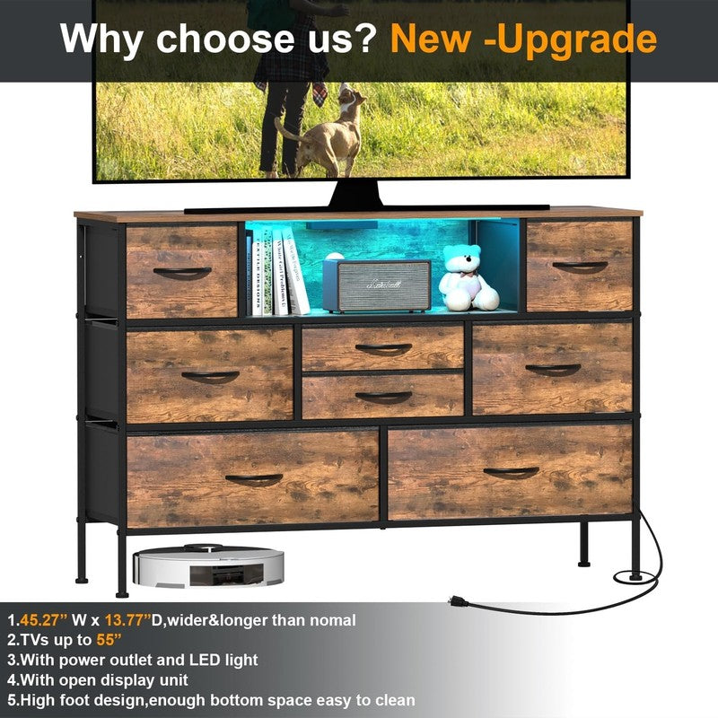 8 Drawer Dresser with Charging Station LED Light Fabric Drawers TV Stand Storage3