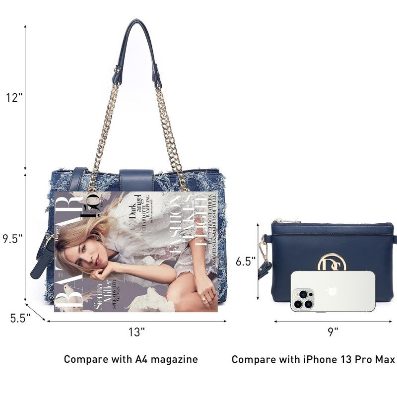 Women Hobo Bag Vegan Leather Tote Chain Shoulder Satchel Bag with Clutch3