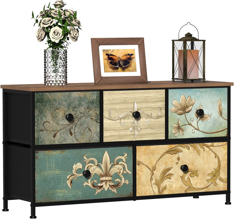 5 Drawer Fabric Dresser Retro Floral Chest Storage Organizer for Bedroom Closet9