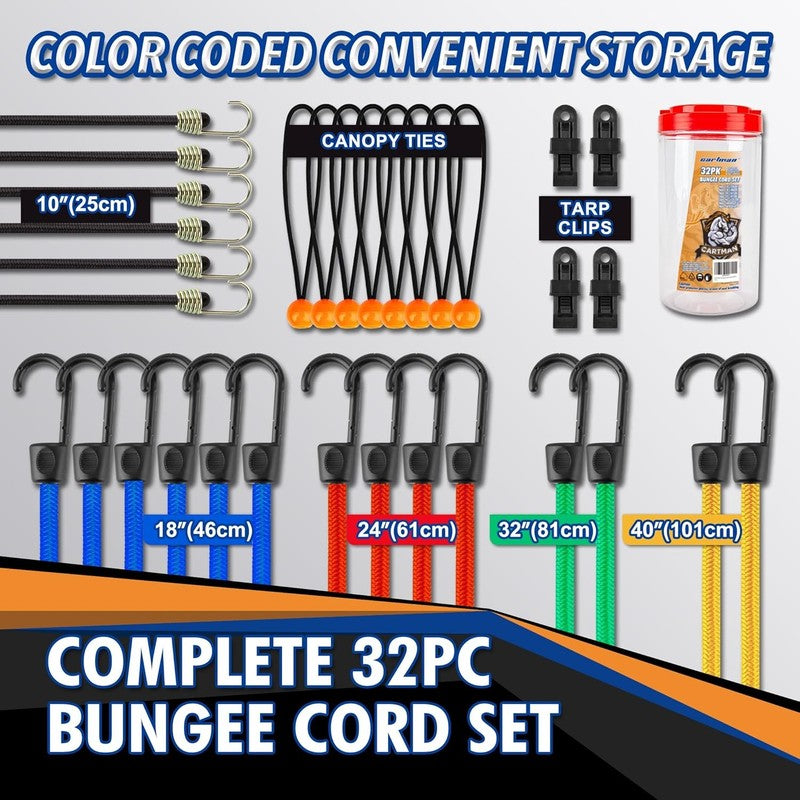 32 Piece Bungee Cords Assortment Jar Includes 10" 18" 24" 32" 40" Bungee Cord wi7
