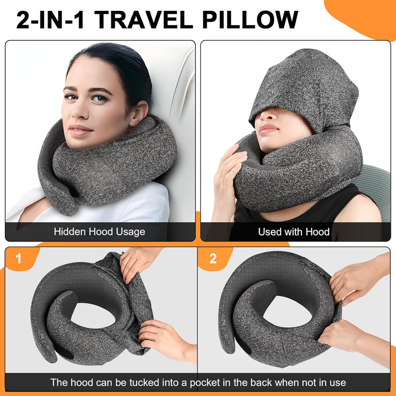 Hooded Memory Foam Travel Neck Pillow w/ Eye Mask & Earplugs – Dark Gray1