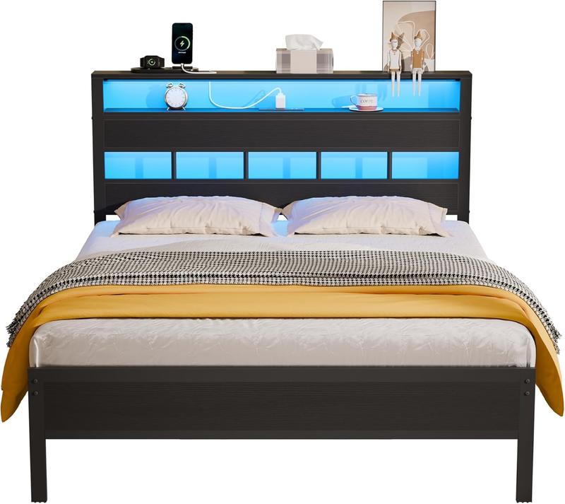 Size Bed Frame LED Charging Station Storage Headboard Metal Platform Black Oak8