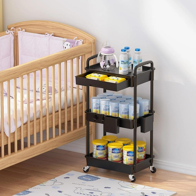 3-Tier Rolling Utility Cart with Drawer & Hooks, Black Storage Organizer6