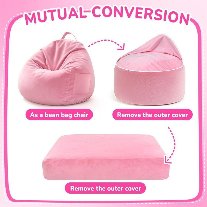Kids Bean Bag Chair Bed Convertible Beanbag Sofa Bed Corduroy Pink7