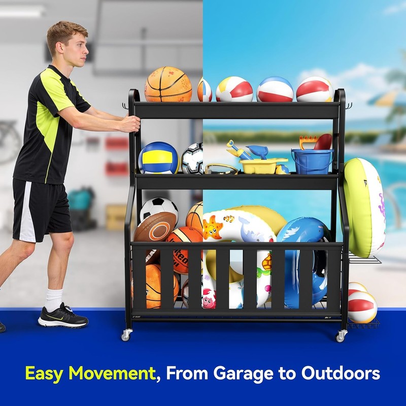 Sports Equipment Organizer, Rolling Ball Storage Cart with Locking Wheels, Hooks2