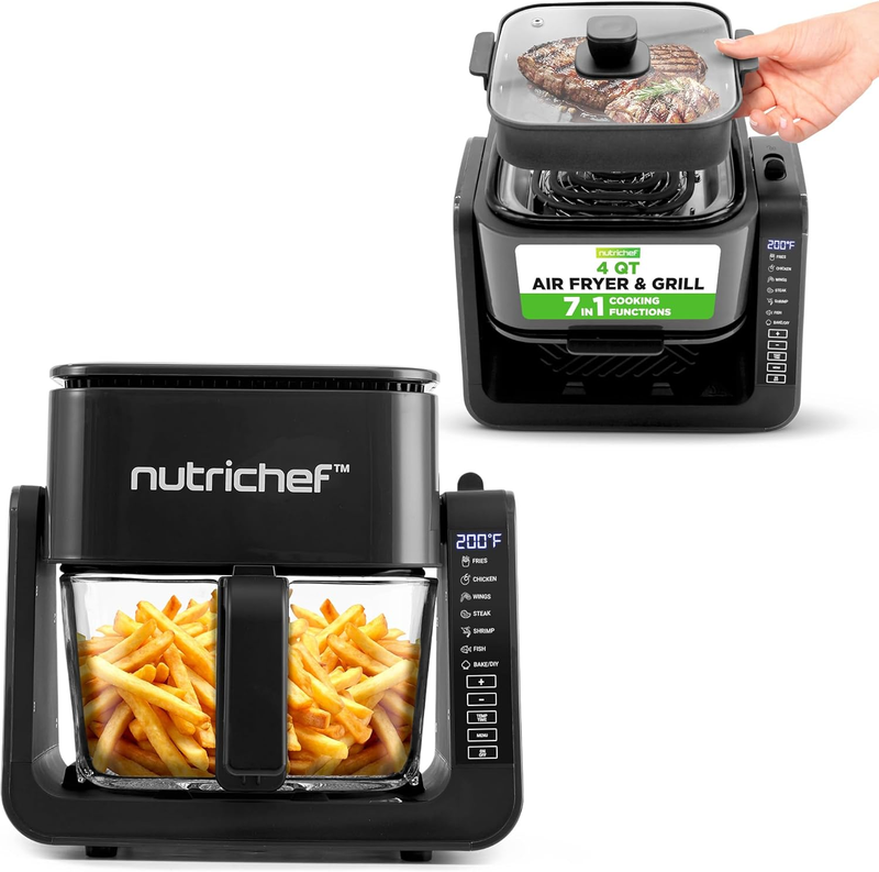 4QT Air Fryer & Grill 7-in-1 w/ Transparent Bowl Black Glass Cooking10