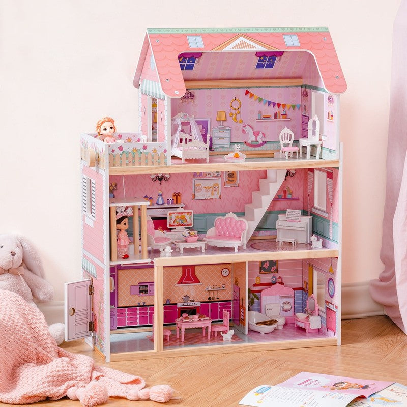 Wooden Dollhouse with 20Pcs Furniture 3 Storey Preschool Toy Dollhouse for Kids 1