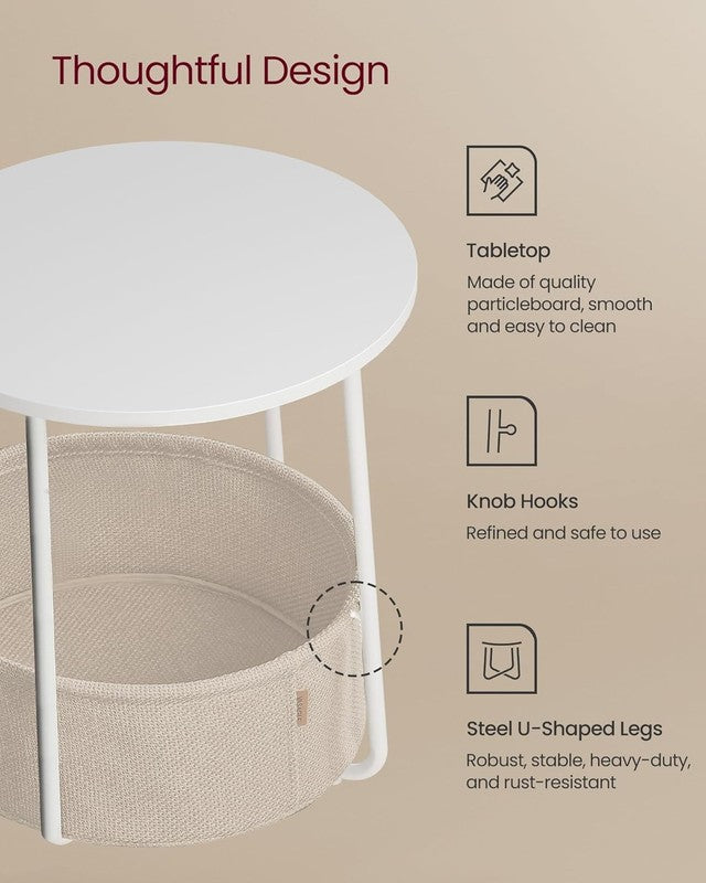 Small Round Side Table Nightstand with Fabric Basket Matte White Camel Brown4