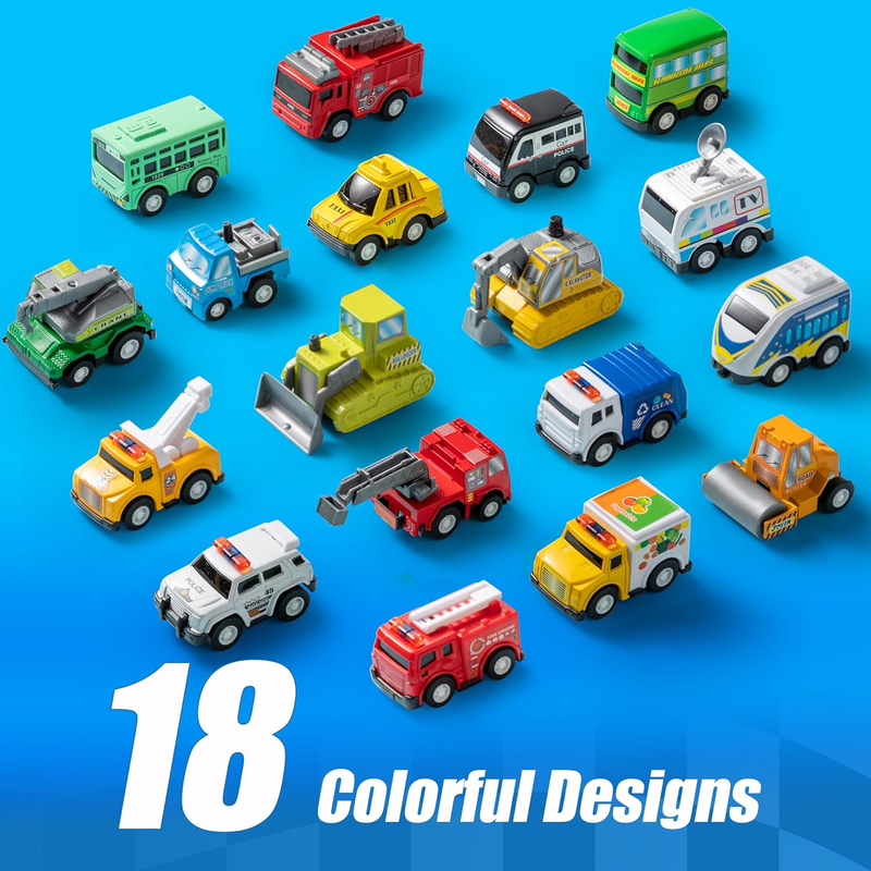 18 Pcs Pull Back City Cars and Trucks Toy Vehicles Set, Friction Powered Cars To2