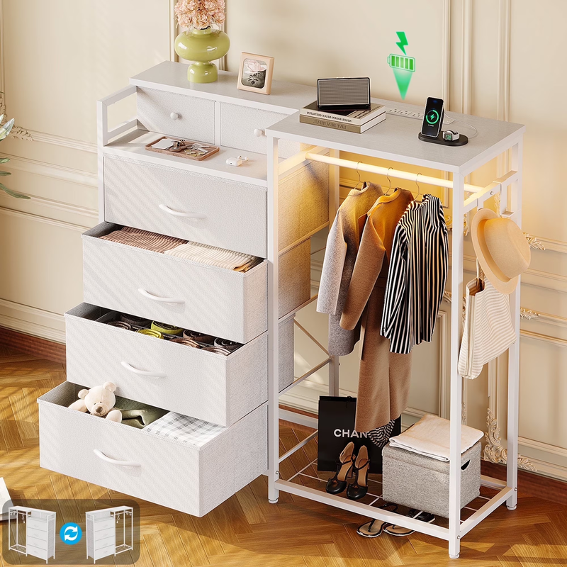 Dresser for Bedroom with Clothes Rack, 6 Drawers Dresser with Charging Station &0