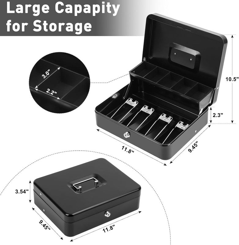 XL Locking Cash Box with Key - Secure Money Organizer & Cash Tray, Black5