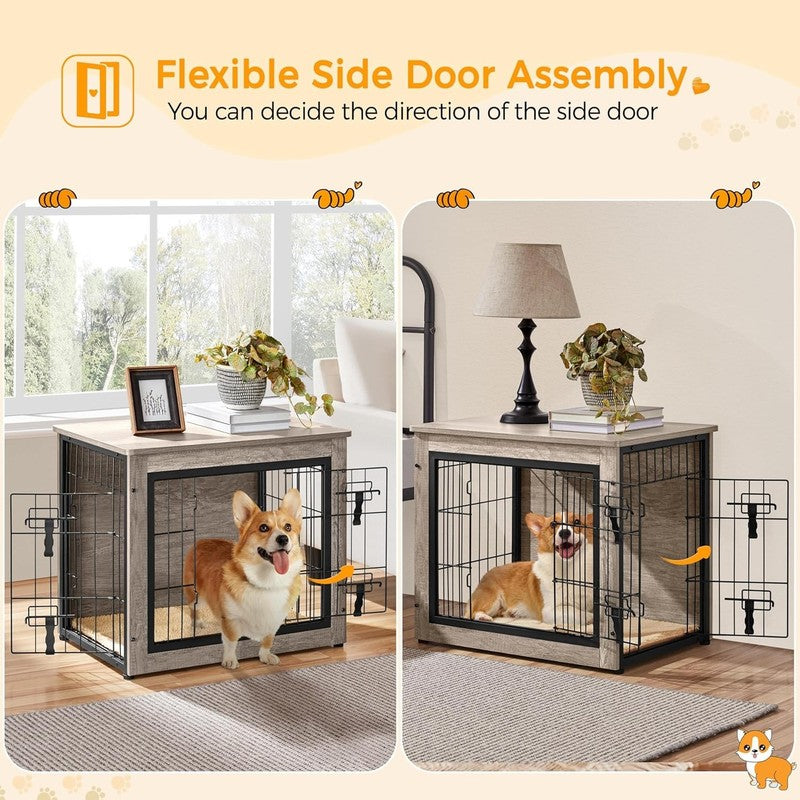 Wooden Dog Crate Table 27.5" w/Cushion Double Door Small/Medium Dogs Greige3