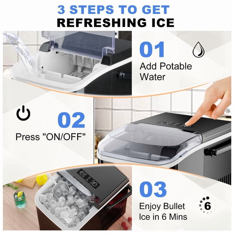 Countertop Ice Maker, 9 Bullet Ice Cubes in 6 Mins, 26Lbs/24H, W/ Scoop & Basket1