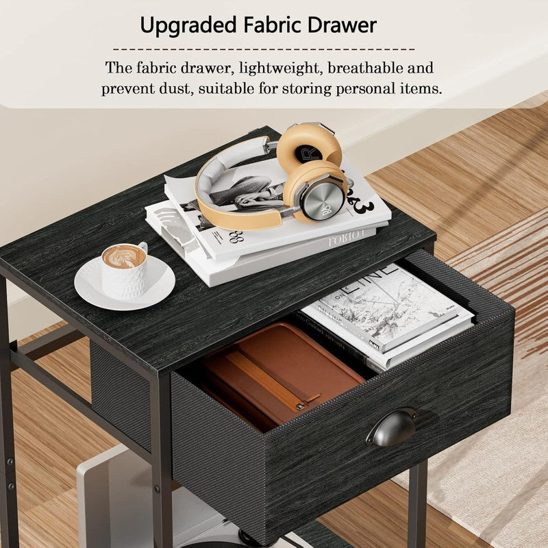 Set of 2 Nightstands Industrial End Tables w/ Fabric Drawer & Storage Black Oak5