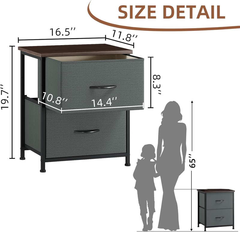 Set of 2 Nightstands 2 Drawer Bedside Table w/ Fabric Bins Charcoal Grey2