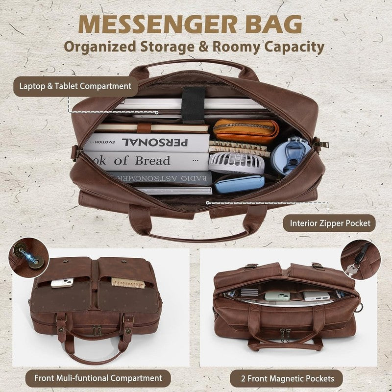 Mens Messenger Bag 16in Leather Laptop Briefcase Vintage Shoulder Satchel Brown2