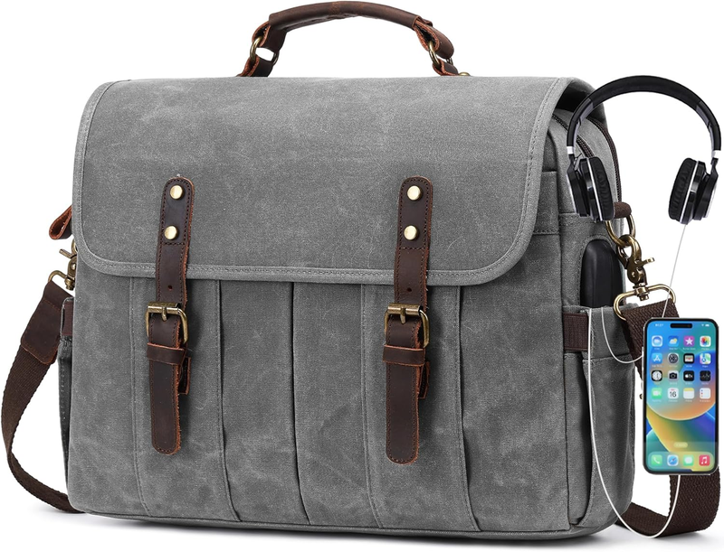 Men's 15.6" Vintage Canvas Leather Laptop Messenger Bag Light Gray Satchel8