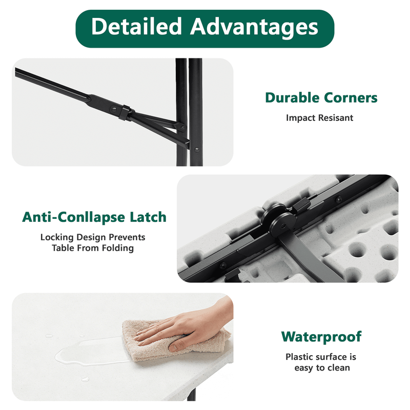 6FT Folding Table, Heavy Duty Portable Table, Waterproof HDPE, Foldable for Picn3