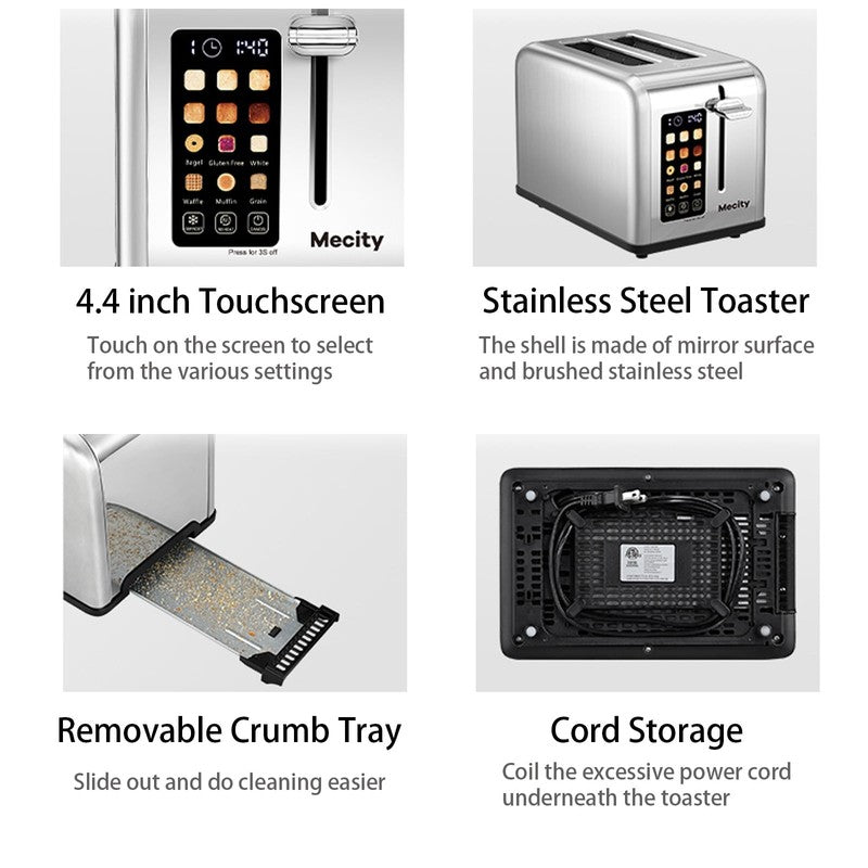 2 Slice Touchscreen Toaster, Stainless Steel, 6 Shade Settings, Reheat, Cancel, 8