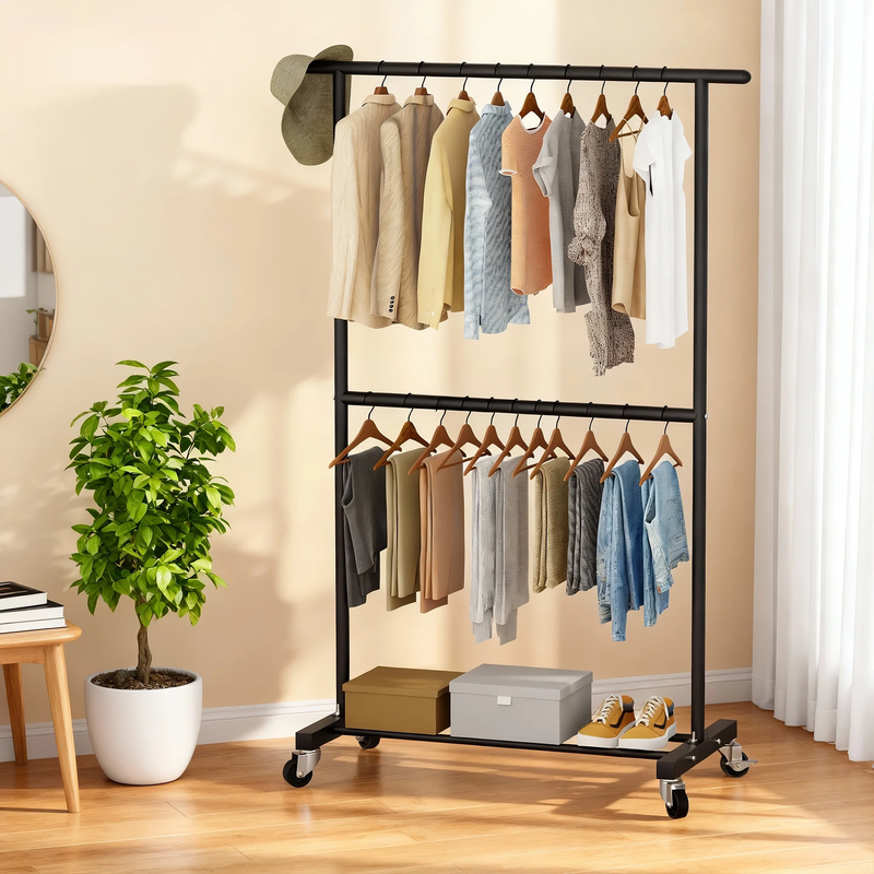 Freestanding Clothes Rack with Wheels Metal Clothing Rack with Shelves2