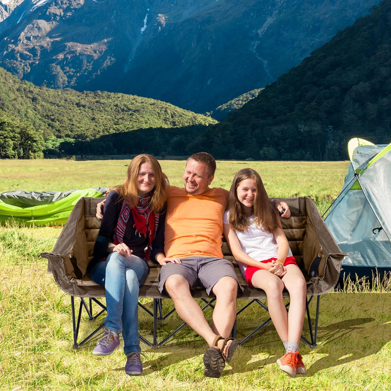 3 Person Folding Camping Chair Oversized Double Loveseat w/ Cup Holders3