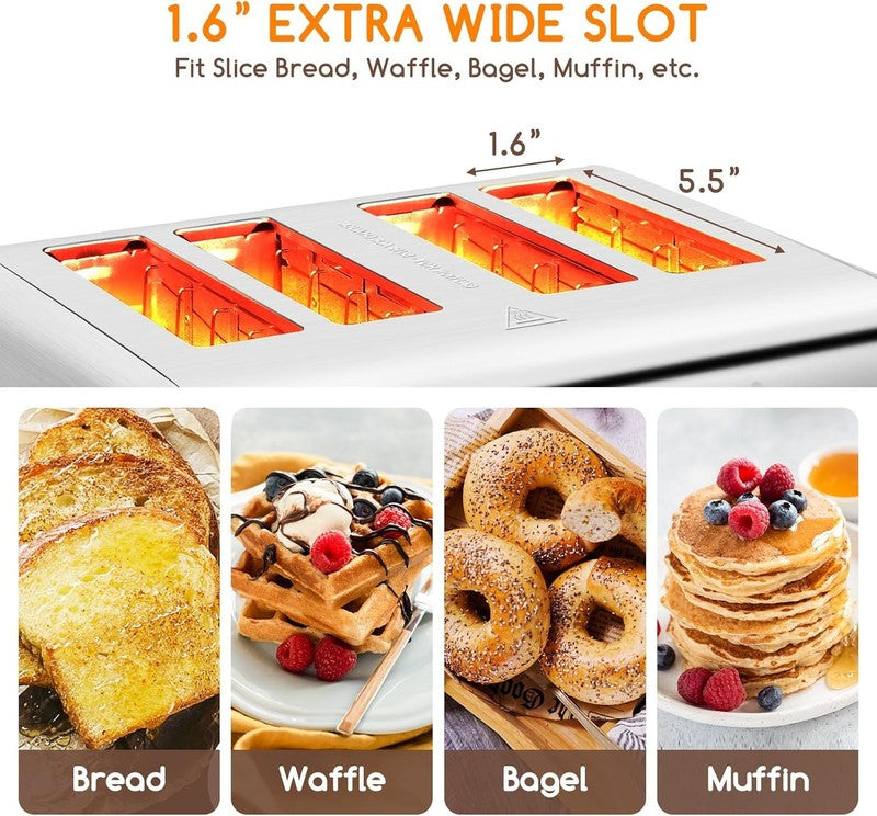 4 Slice Stainless Steel Toaster - Wide Slots, Bagel, 6 Shades, 1550W, Prime1