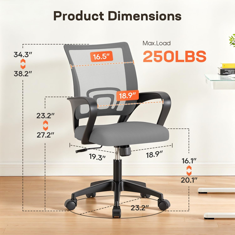 Ergonomic Office Chair Mid Back Swivel Desk Chair Lumbar Support Grey7