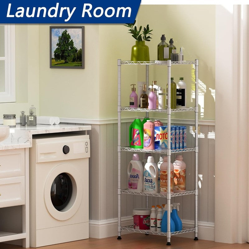 Adjustable 5 Wire Metal Storage Rack for Laundry, Kitchen, and Closet   Silver3