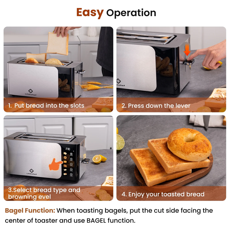 4 Slice Touchscreen Toaster Extra Wide 1.5in Slots Stainless Steel Timer Defrost9
