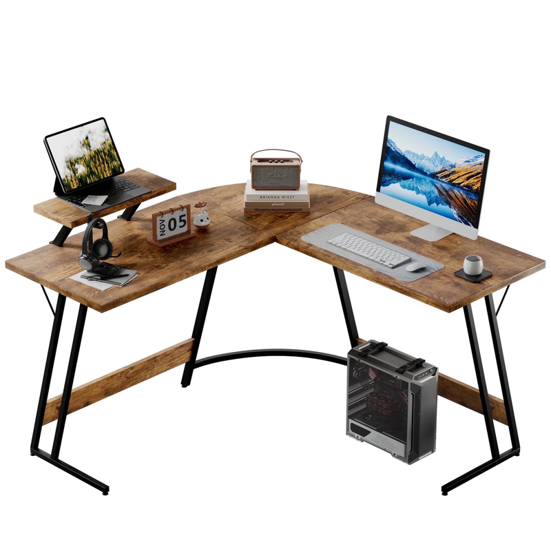 51" L-Shaped Gaming Desk Corner Office with Removable Monitor Riser Brown9