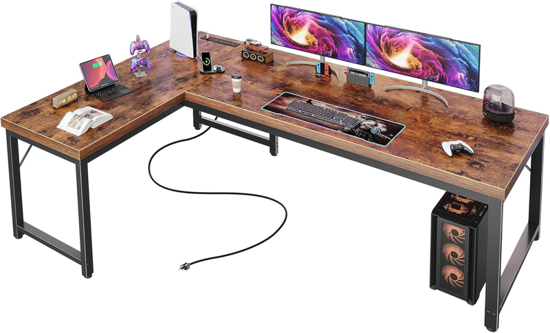 63'' L Shaped Desk w/ Power Outlets USB C Corner Gaming Desk Rustic Brown0
